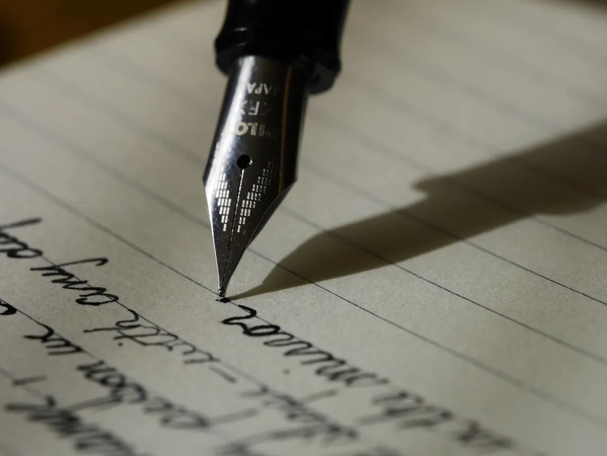 An open notebook on a wooden desk with a pen, ready for ideas